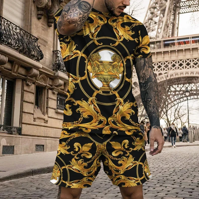 Summer Men's Suit Gold Pattern Print T-shirt Shorts 2-piece Set Prestige and Elegant Casual Clothes High Street Baroque T-shirt