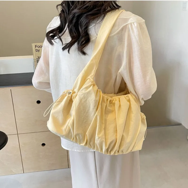 Nylon Pleated Shoulder Bag For Women 2024 New Solid Color Simple Casual Tote Bags Handbag Large Capacity Students Shoulder Bag