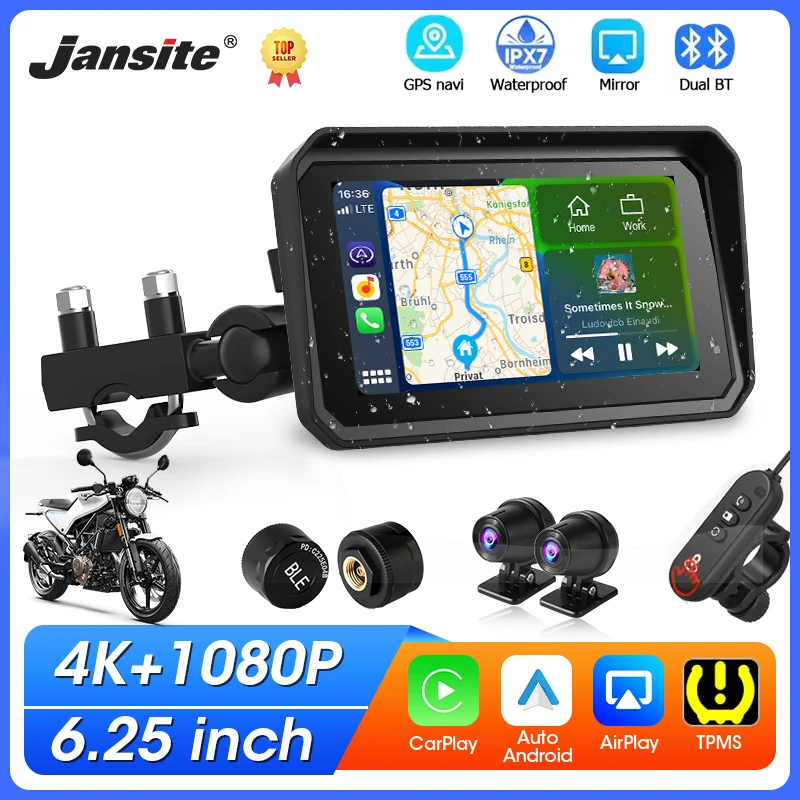 6.25 inch Motorcycle Carplay Screen 4K DVR GPS Navigation IPX7 Waterproof Moto Monitor Dual Lens Video Recorder Support TPMS