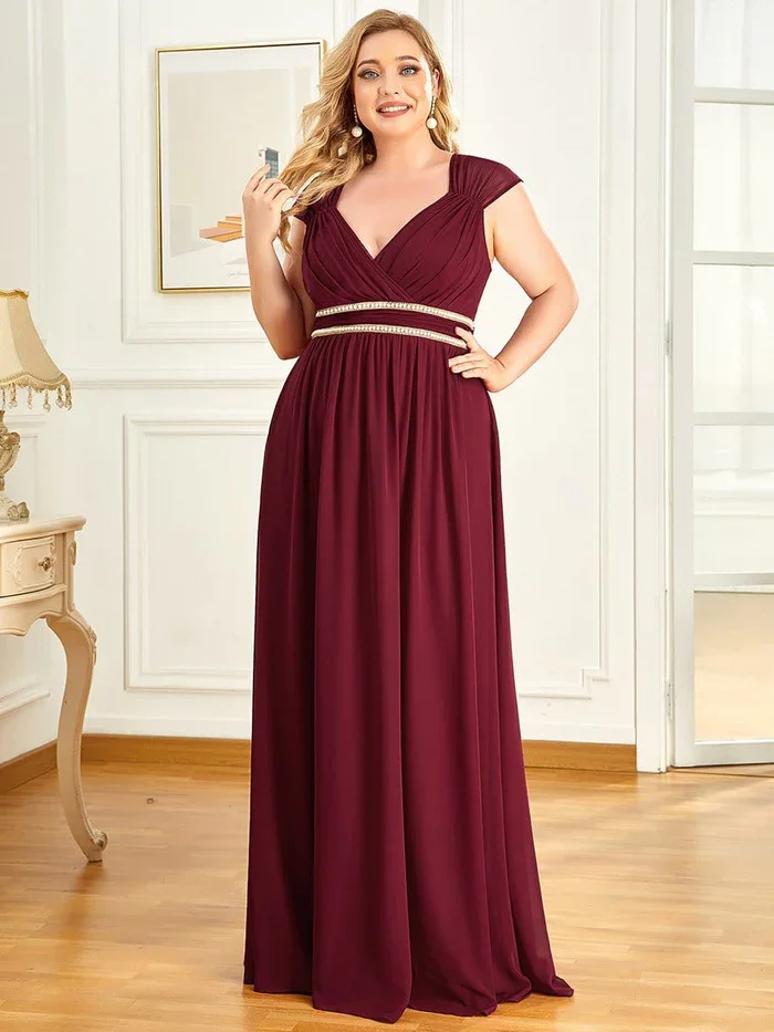 Immer hübsche Damen Chiffon V-Ausschnitt A-Linie Flügel ärmel rücken freie Perle Taille boden langes Brautjungfer kleid