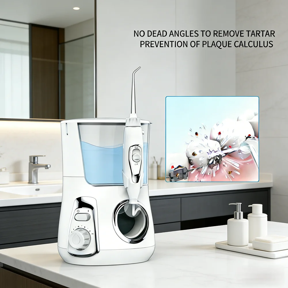 

Профессиональный настольный ирригатор для полости рта 800 мл, 10 режимов давления, 5 насадок, водный флоссер для глубокой чистки и ухода за зубами