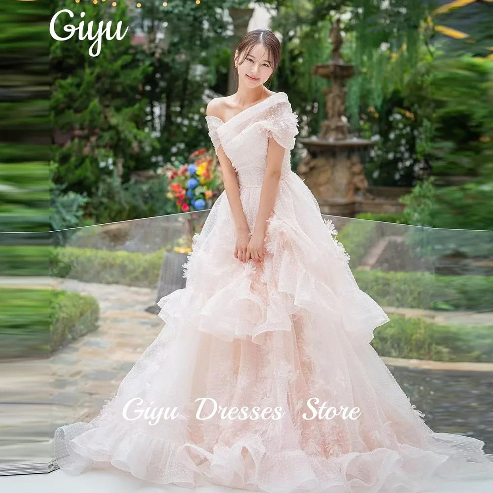 Giyu-Robes de mariée en tulle rose blush, robes de mariée A-ligne, photoshoot lancé, plis à plusieurs niveaux, longueur au sol, patients personnalisés, Corée