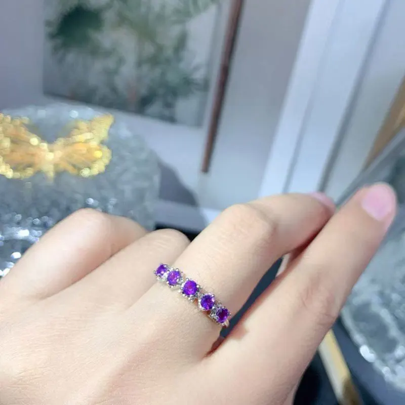 Exquisite Natural Amethyst Ring 3mm Total 0.5ct Genuine Amethyst 925 Silver Ring 18K Gold Plated Crystal Jewelry