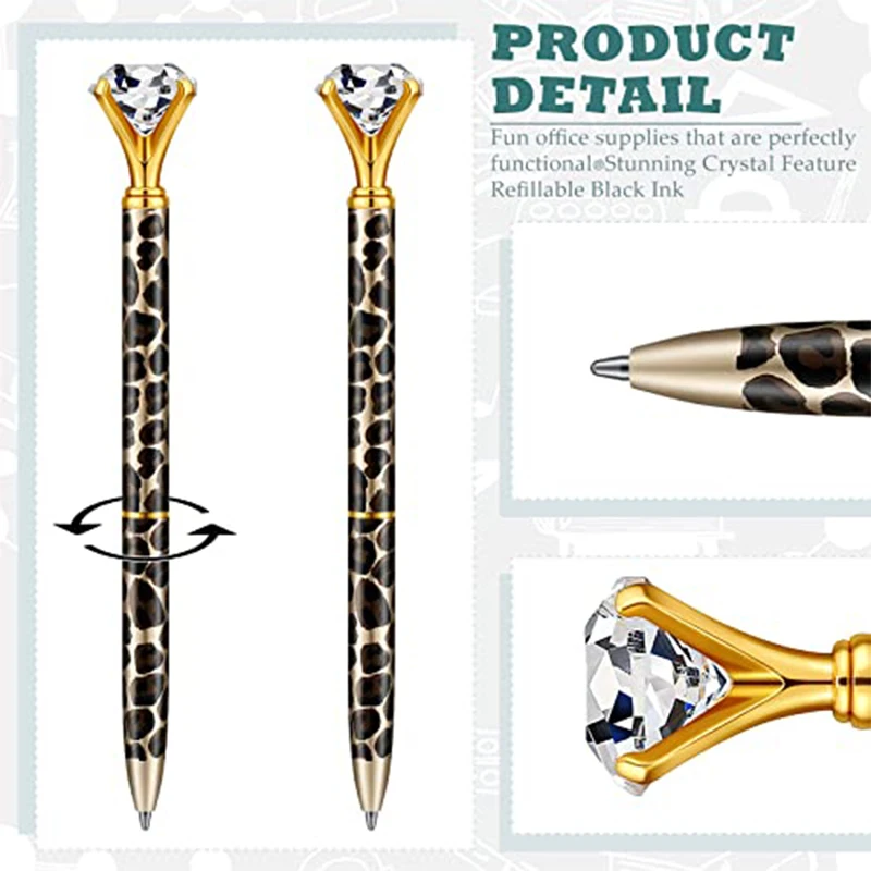 10Pcs Luxury Leopard Print Diamond Pen – Elegant Crystal Gold Top Smooth Writing Ballpoint Pens