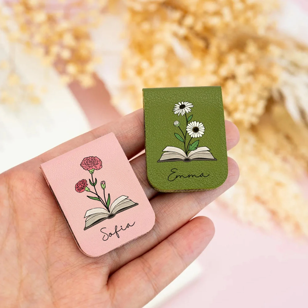 1pc Name Bookmark with Birth Flower,Custom Leather Birth Flower Bookmark,Personalized Magnetic Bookmark,Book Lover Birthday Gift