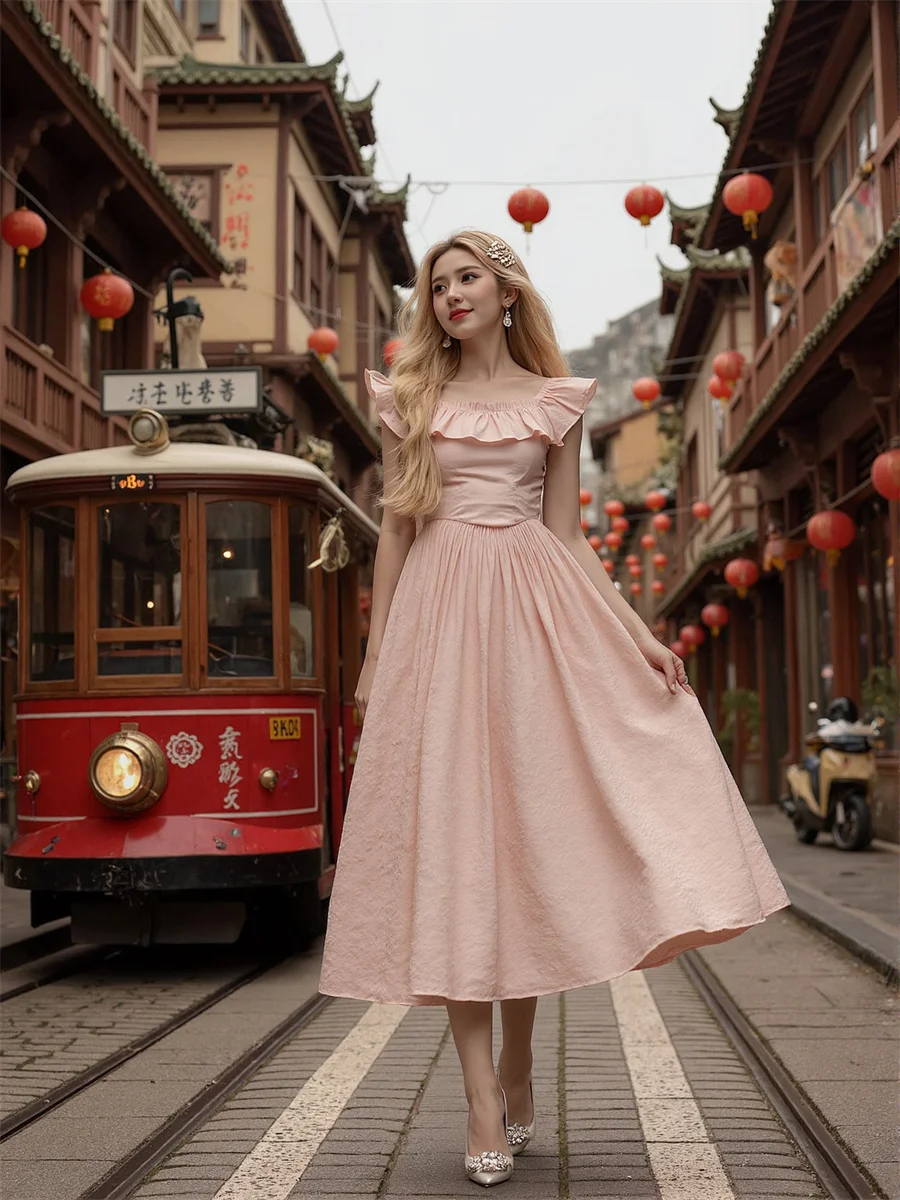 Women'S Pink Dress Woman Square Collar Tierred Ruched Silky Silk Satin Velvet Chiffon Soft Shiny Matte Glossy Texture Fabric