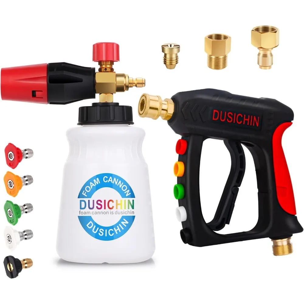 

DUSICHIN Foam Cannon Short Pressure Washer Gun 1/4 Inch Quick Connector,5 Pressure Washer Nozzle Tips Car Wash Foam Gun 3/8'' Sw