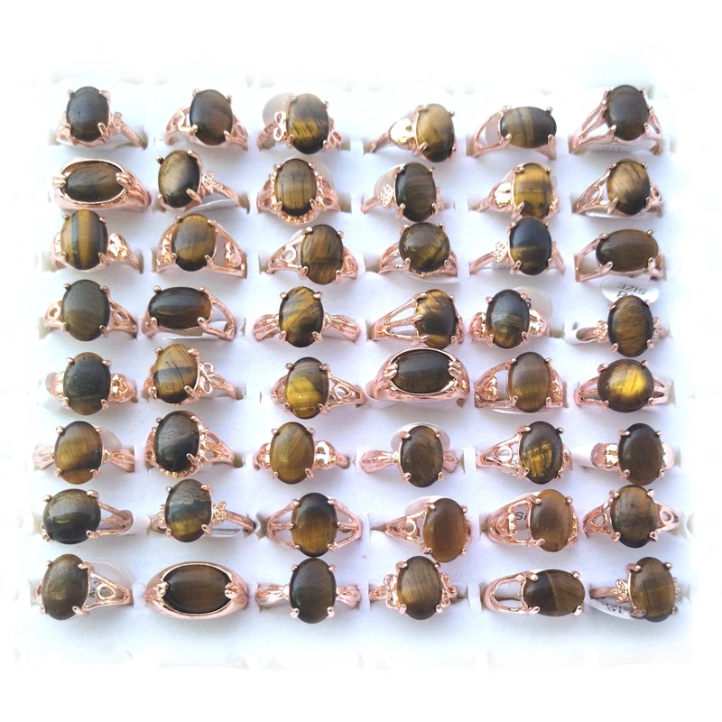 Rose Gold Plated Natural Tiger Eye Stone Rings 50pcs/lot Mixed Design For Women