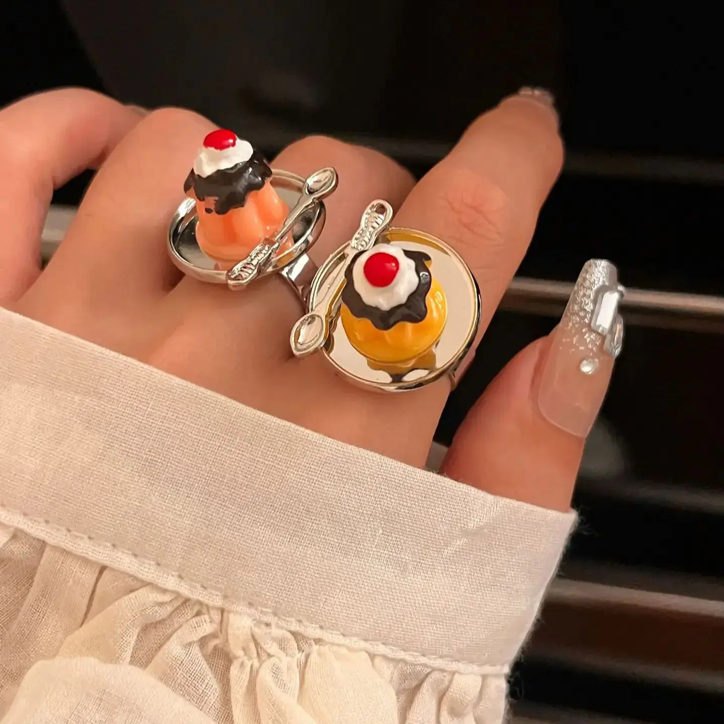 Goth Y2K Colorful Sweet Cute Strawberry Fruit Cake Finger Rings Women Sweet Afternoon Tea Statement Rings Creative Accessories