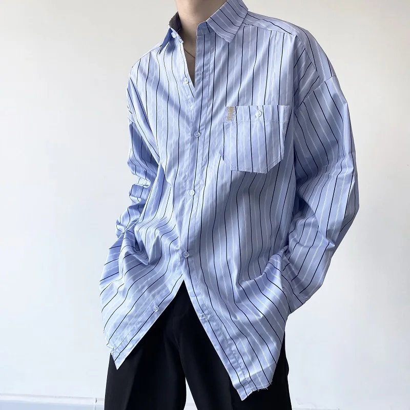 

Spring Korean Striped Loose Casual Long Sve Men's irt Trendy Lazy Sle Cotton Polyester Blend Four Seasons Wear