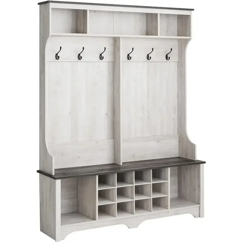 Prepac Hall Tree Hallway Storage Cabinet with Shoe Cubbies and Coat Hooks, 15.5