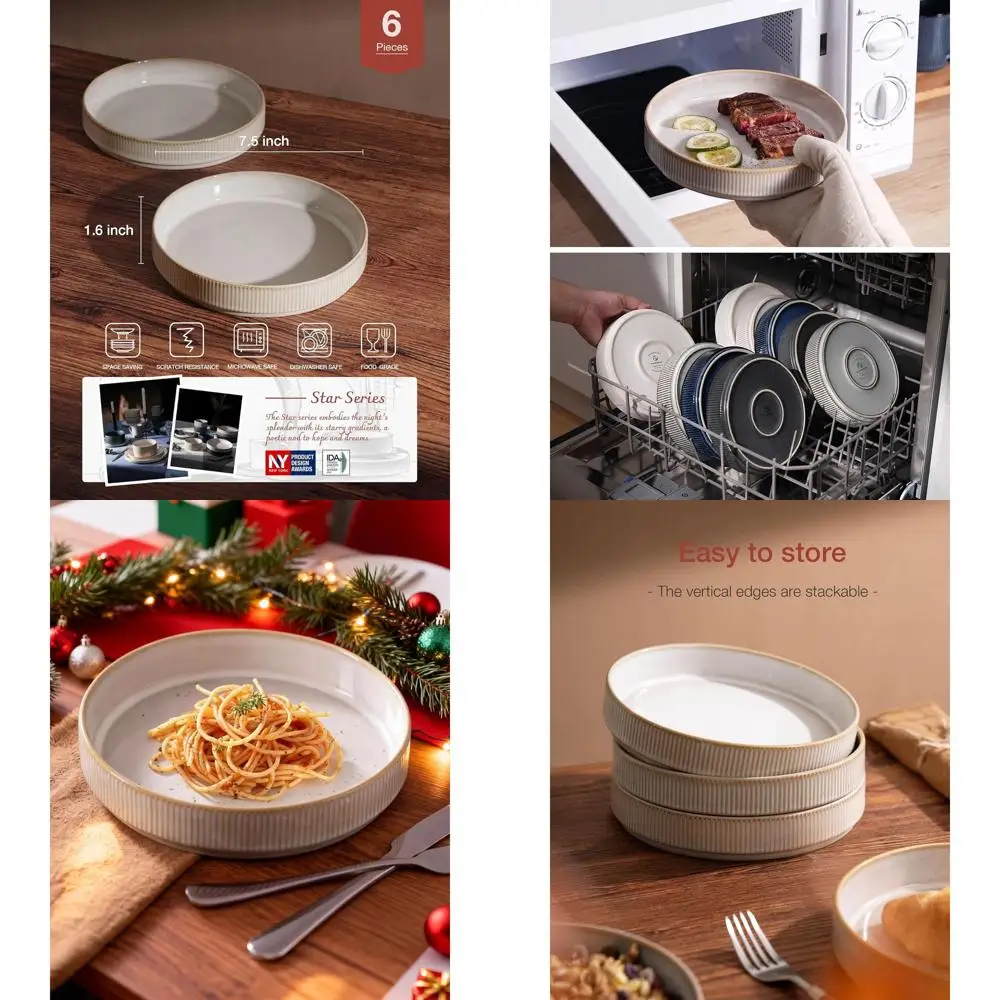 

Набор из 6 мисок для пасты и салатов, 7,5 дюймов, с двойной реактивной глазурью, штабелируемые, идеально подходят для подарков на новоселье, День благодарения, Рождество