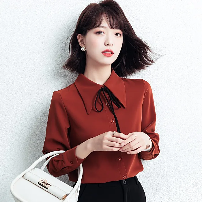 패셔너블한 레드 롱 슬리브 돌칼라 쉬폰 원피스 여성 가을옷 2025 신상 슬림핏 한국 스타일 스트레이트 컷 버튼 디테일