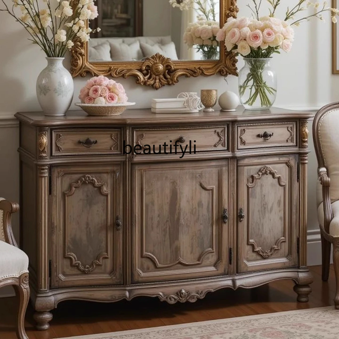 

Retro light picking solid wood carving flower porch cabinet old decorative cabinet living room locker ash wood