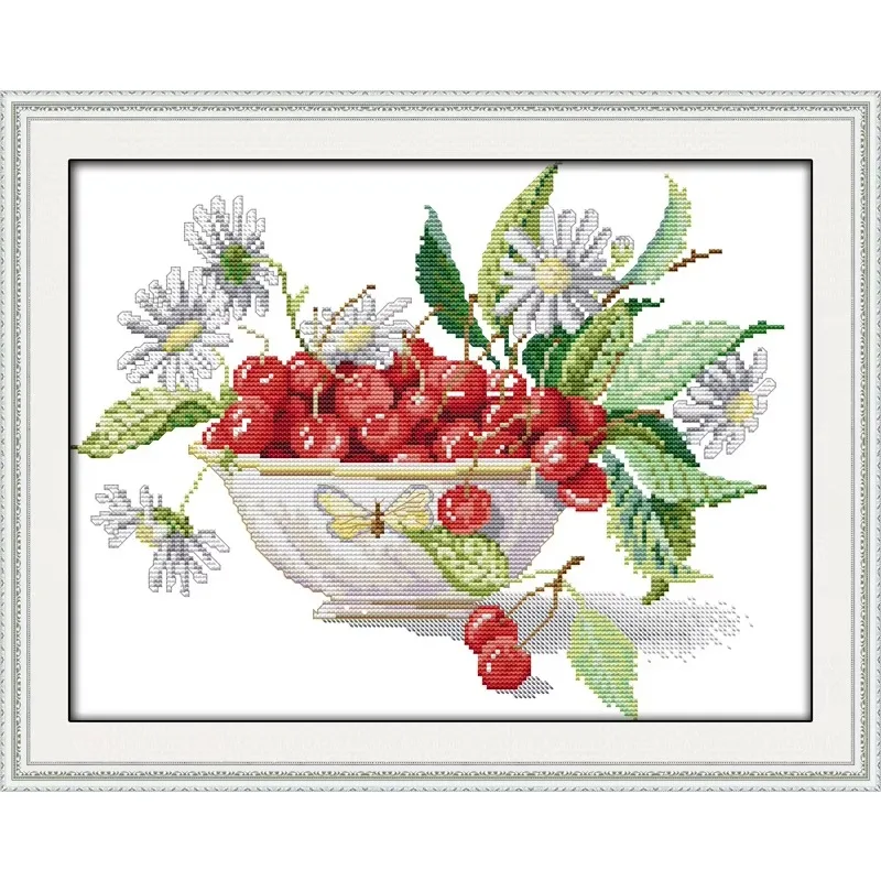 Joy Sunday Pre-printed Cross Stitch Kit  Easy Pattern Aida  Stamped Fabric Embroidery Set-Cherry Fruit Bowl