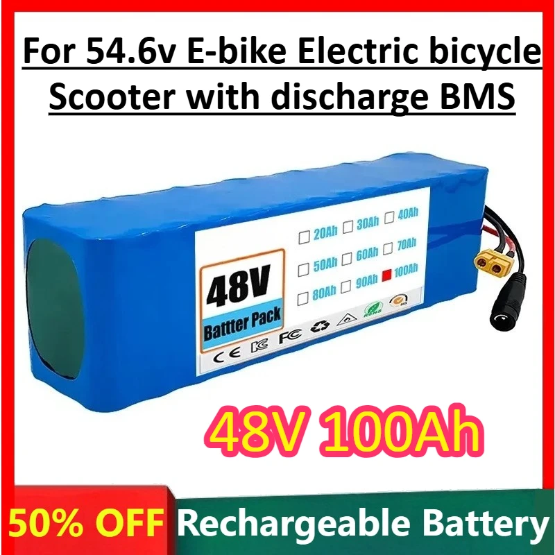 

48V 100Ah 13S3P high capacity Lithium ion Battery Pack For 54.6v E-bike Electric bicycle Scooter with discharge BMS+54.6Vcharger