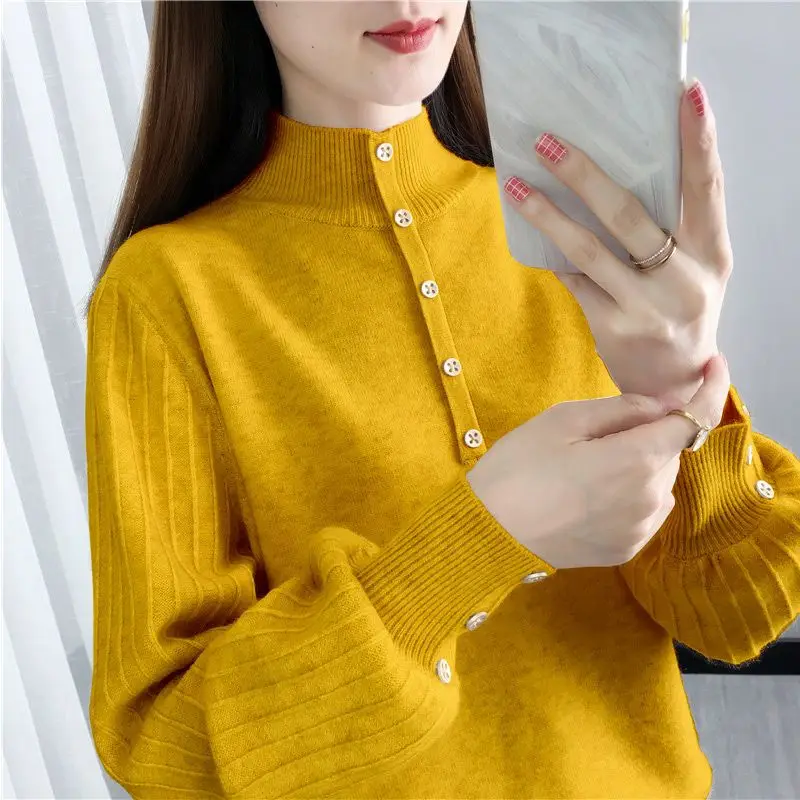 Fashion Loose Spliced Button Knitted Lantern Sleeve Sweaters Women\'s Clothing 2022 Autumn New Casual Pullovers All-match Tops