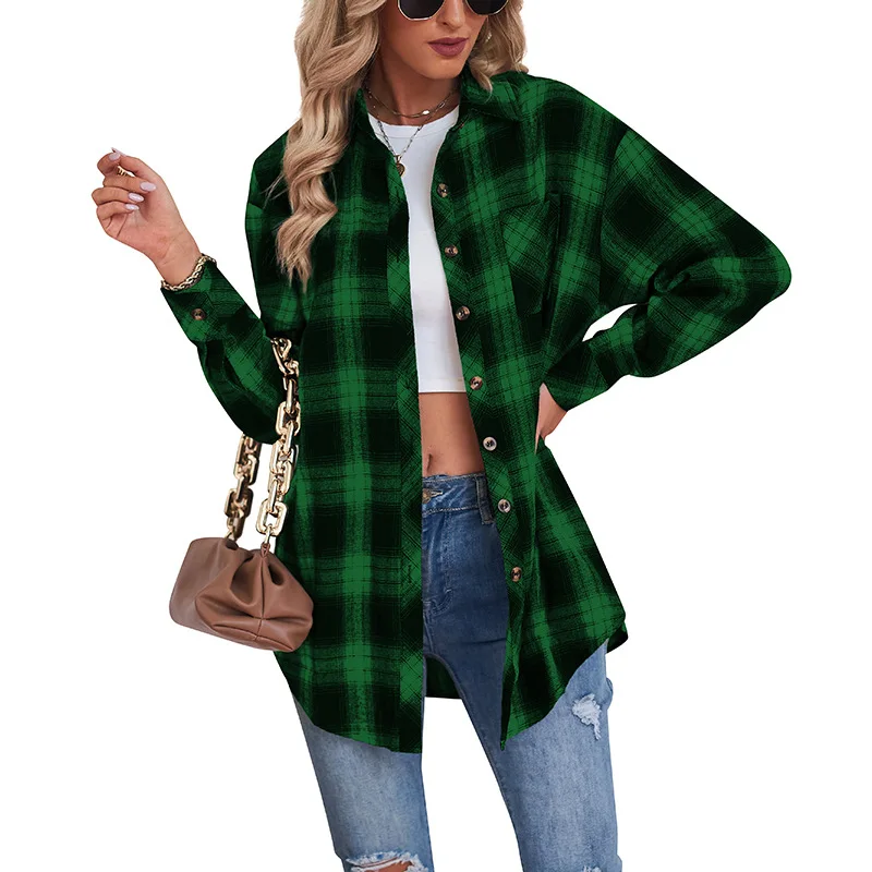 2023 New Autumn and Winter Fashion Simple Plaid Shirt Collar Panel Long Sleeve Temperament Casual Boyfriend Style Loose Shirt