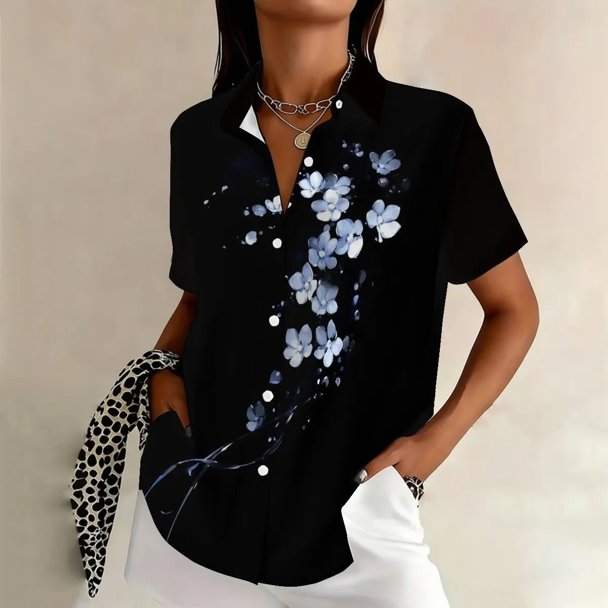 Summer plus-size women's single-breasted shirt, romantic floral pattern, artistic and elegant, suitable for social occasions.