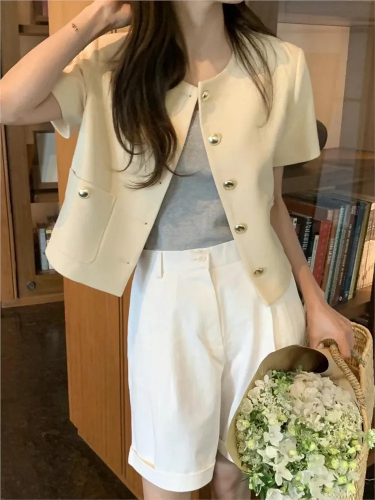 

French Elegant One Piece Short Jacket Soild Single Breasted O Neck Basic Office Lady Coat Korean Fashion New Vintage Clothes