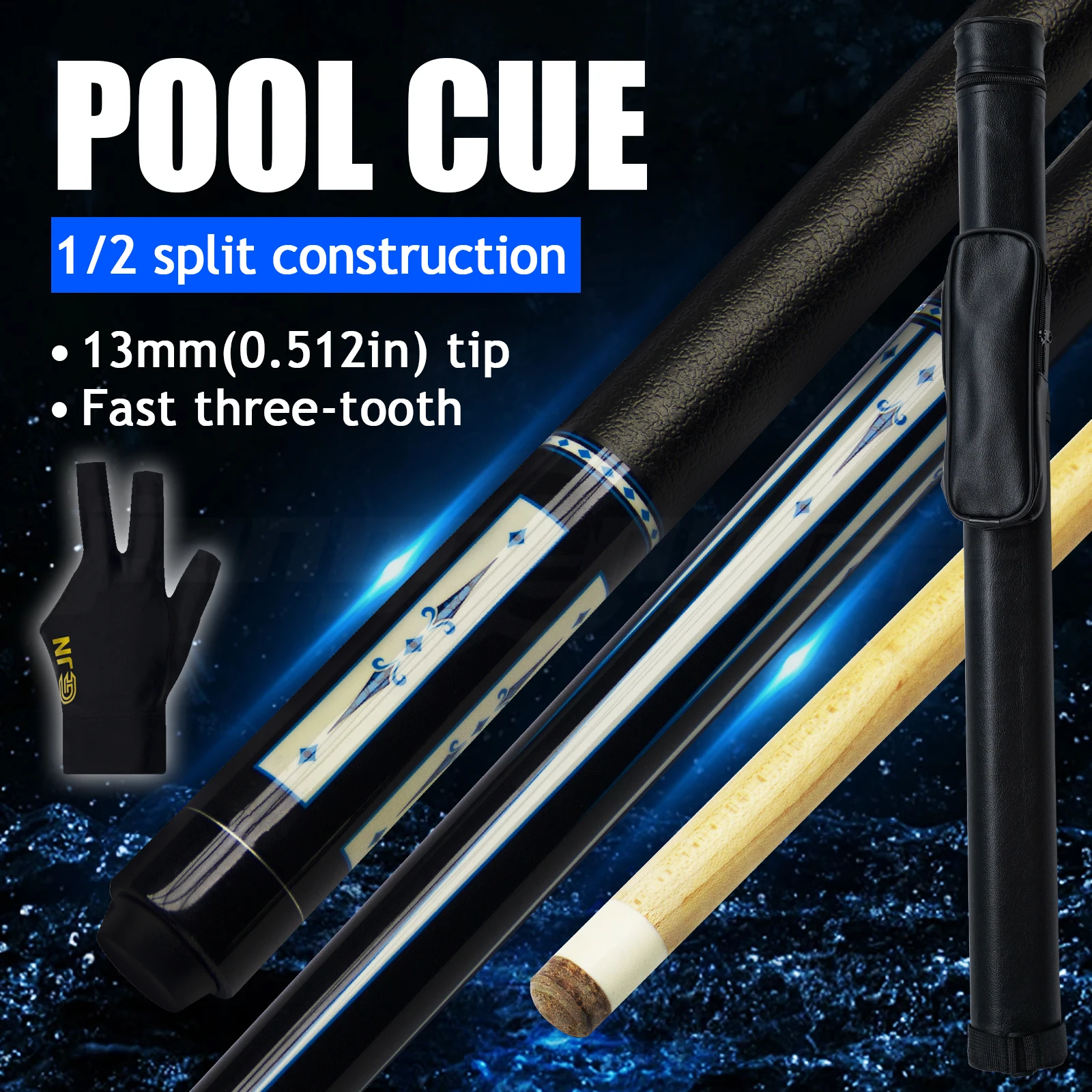 

13mm Pool Cue with Cue Case & Glove 1/2 Split Fast Three-tooth Maple Shaft Uni-loc Joint