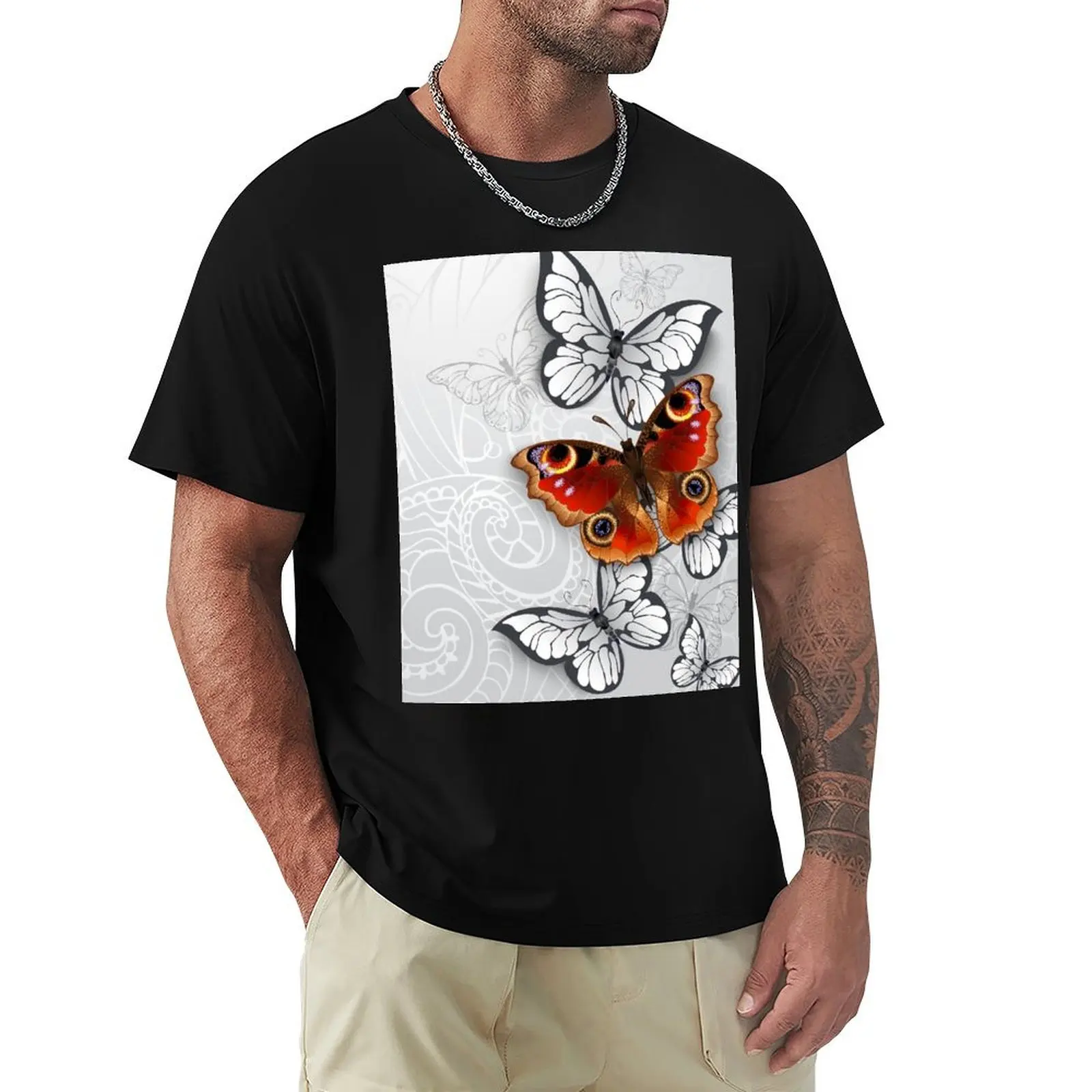 Gray Background with Peacock Butterfly T-Shirt vintage anime clothes anime stuff Men's cotton t-shirt