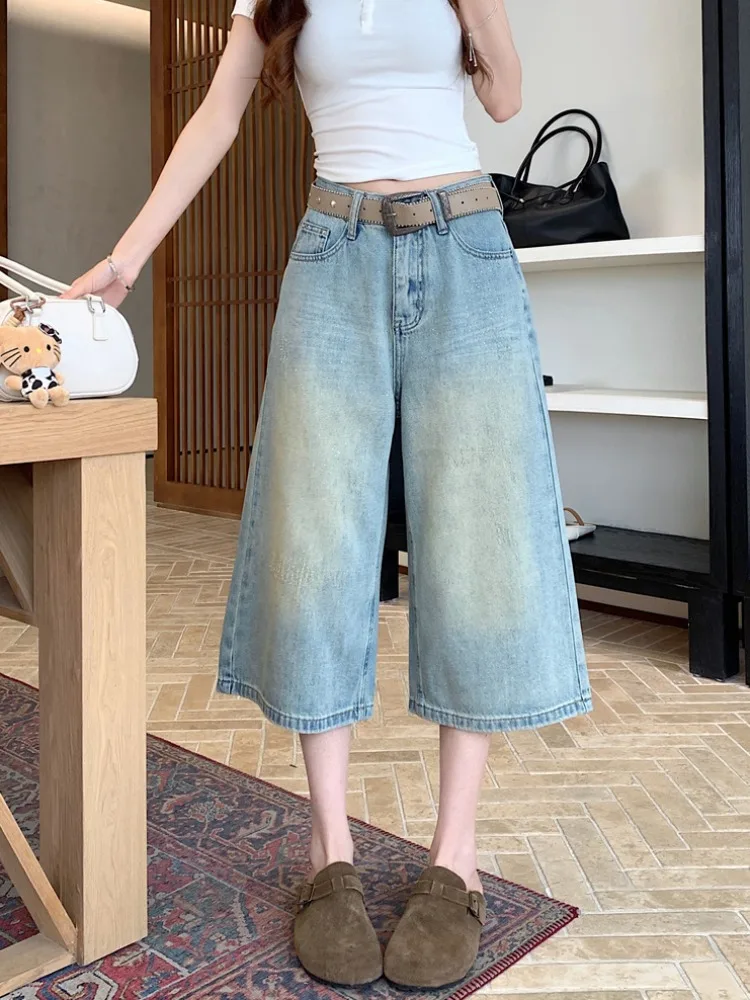 

Retro American Blue Washed Denim Jeans High Waist Slimming Seven Inch Wide Leg Pants for Women Casual Style Summer Jeans