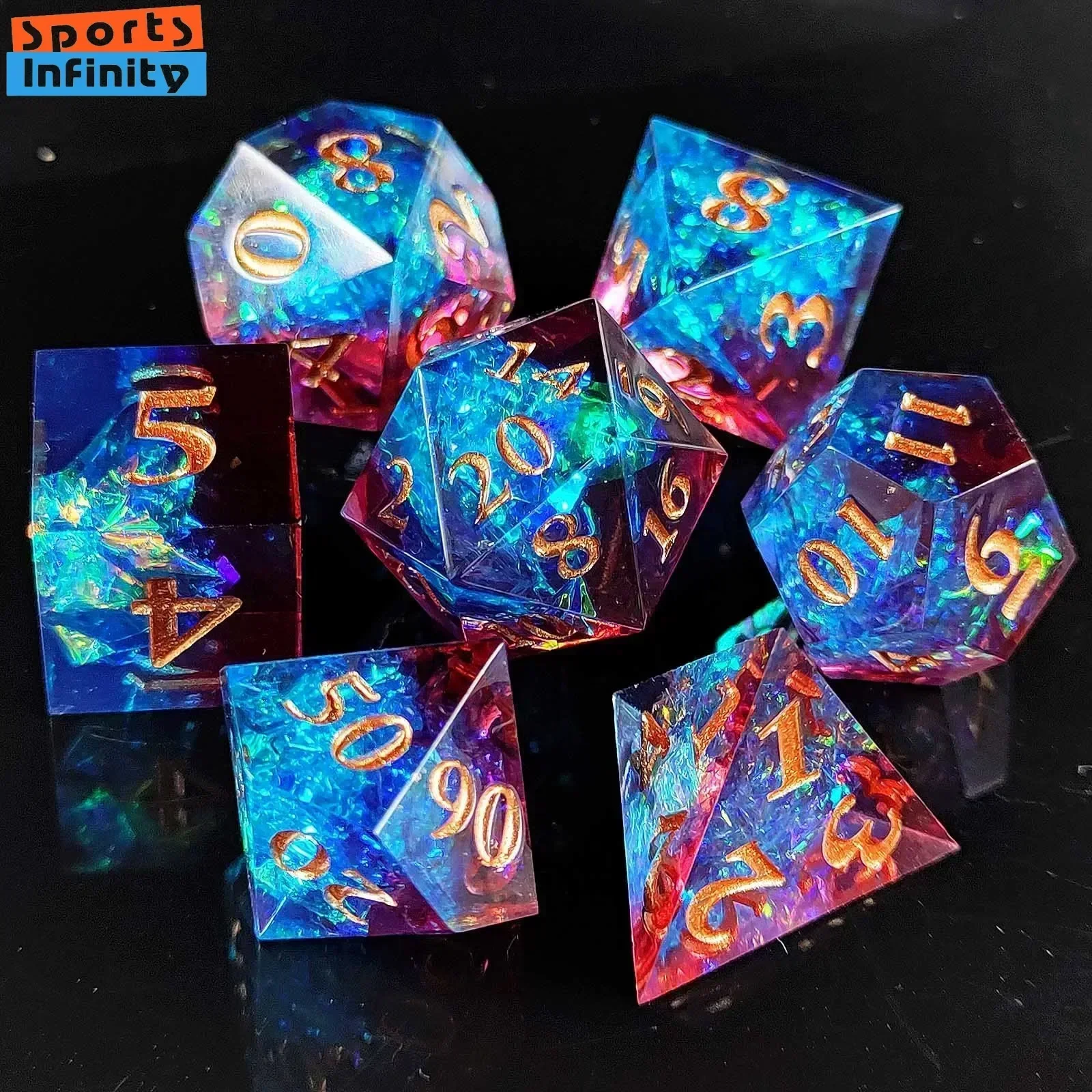 7Pcs Set Beautiful Black Gold Resin Dice for DND TPG TRPG Board Game COC Running Team Cthulhu Polyhedral Dice Number Dice Kit