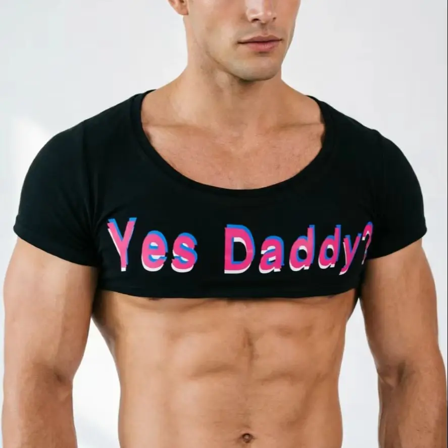 Men Crop Tops Summer Sexy Short Sleeve YES DADDY Letters Printed Stretchy Club Short Tees Party Costume Crew Neck T Shirts
