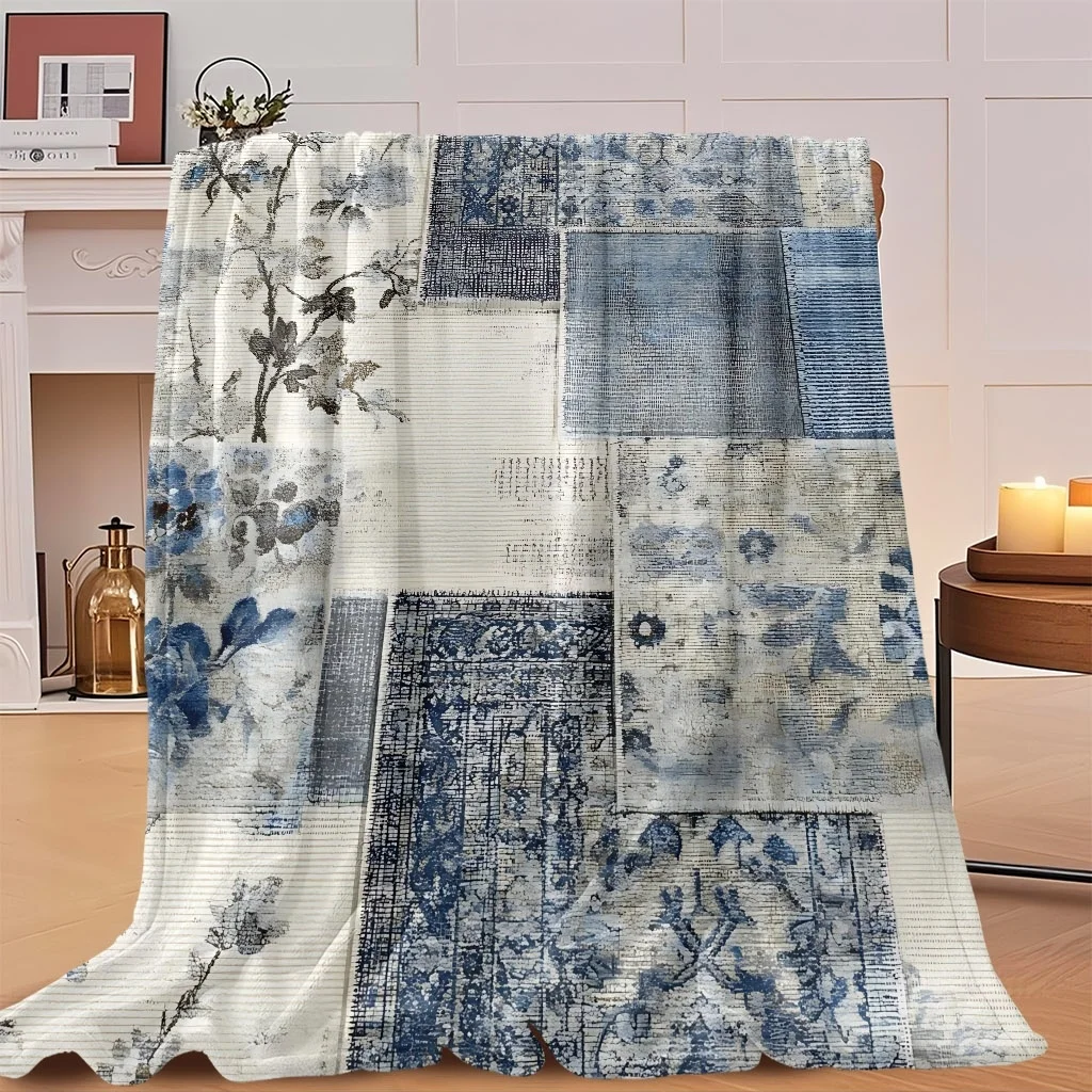 Vintage Blue Floral Patchwork Quilt Style Print Flannel Blanket Soft Throw For Sofa Bedroom Farmhouse Decor Style Home Gift