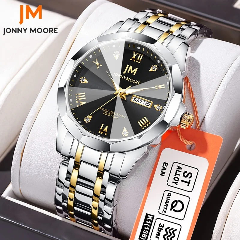 

JONNY MOORE K1038 Fashion Luxury Steel Strip Quartz Watch with Diamond Inlaid Waterproof Calendar Diamond Watches for Men