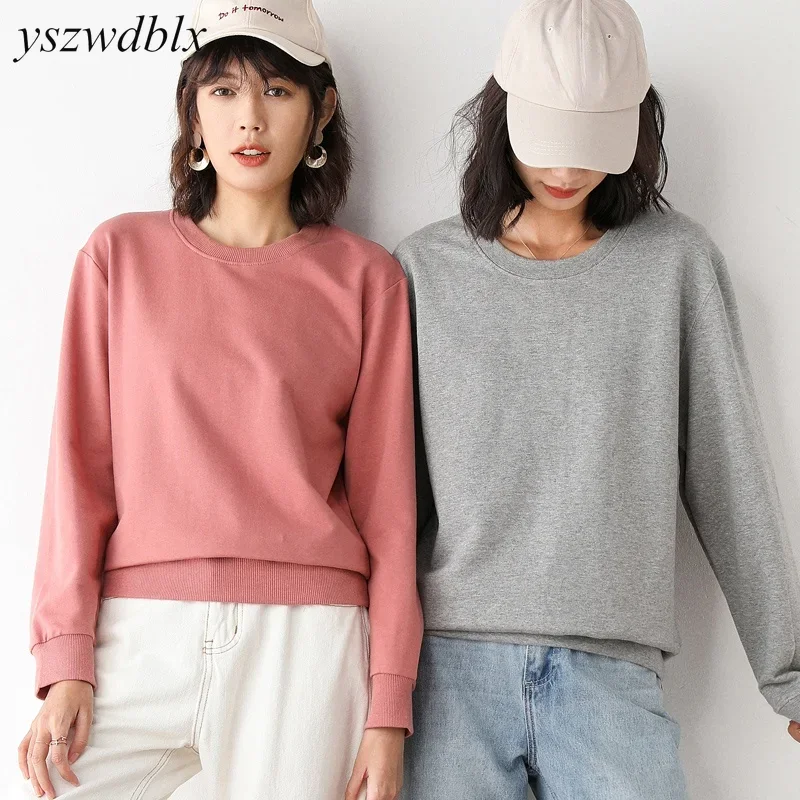 YSZWDBLX Womens Sweatshirts Cotton Solid O-neck Pullovers Casual Loose Korean Bottoming Shirt Knit Top Spring Autumn Sweatshirt