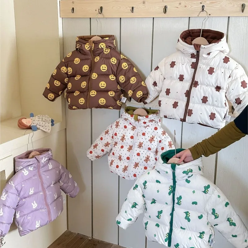 Double Sided Kids Winter Coat 2025 New Little Bear Print Thicken Warm Padded Jacket Fleece Lined Hooded Outerwear for Boys Girls
