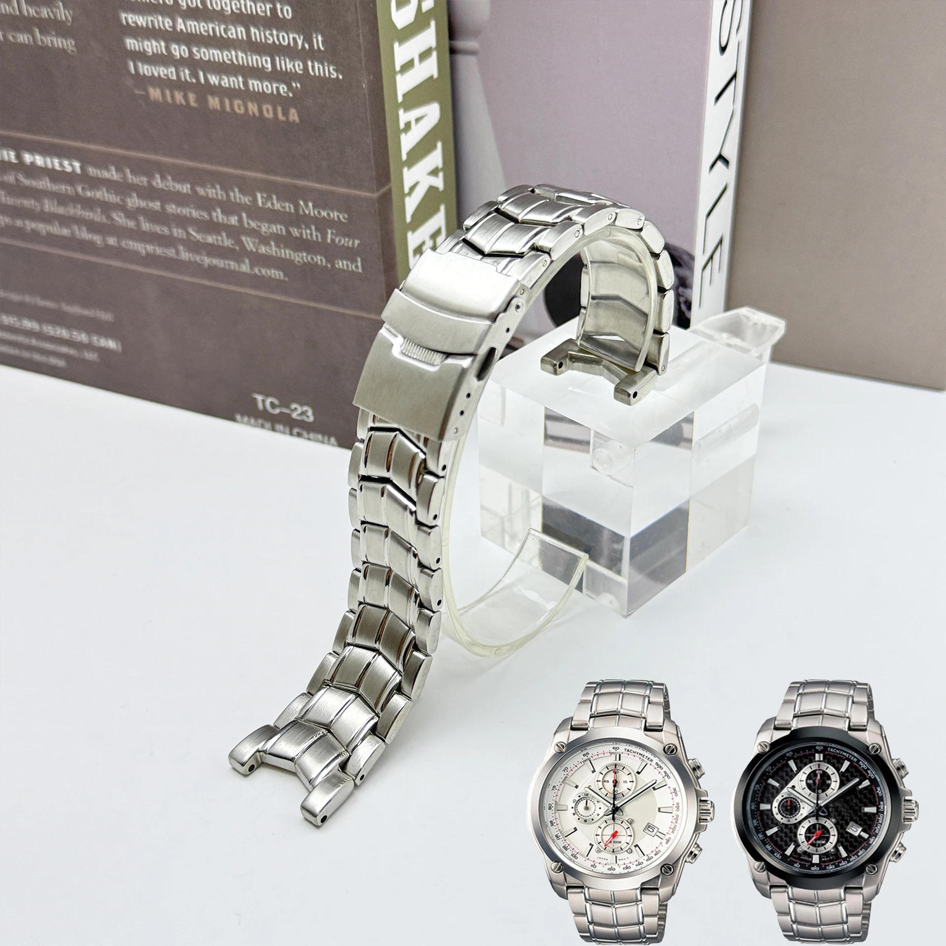 for Casio EF-524 Special Interface Watchband Solid Stainless Steel Folding Buckle Strap 22*13.5mm Silver Refined Steel Bracelet