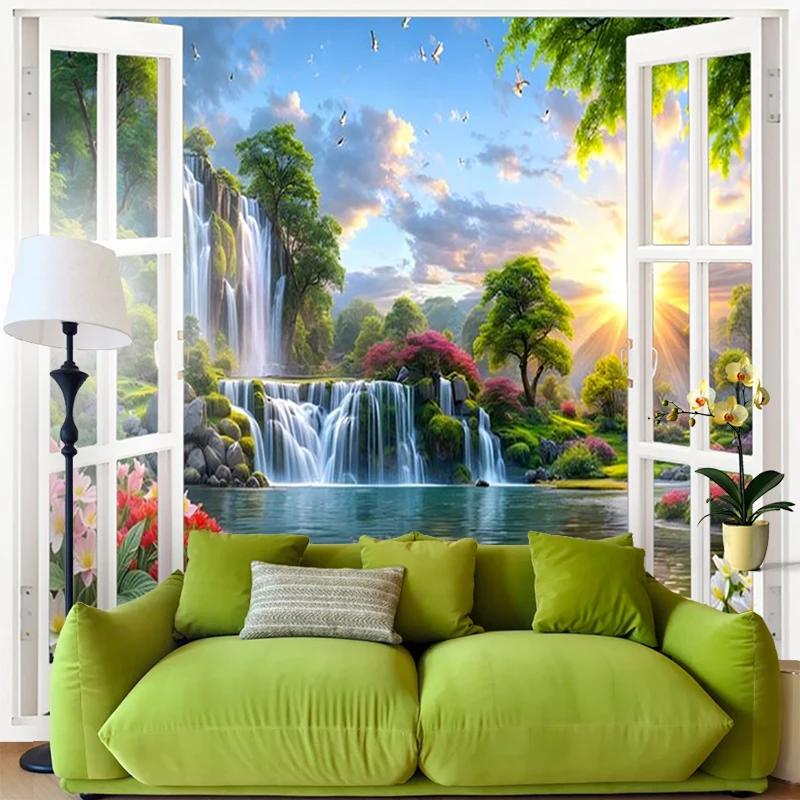 1PC Digital Print Tapestry Wall Hanging, Fake Window Forest Path Sunlight Trees Art, Nature Scenery 3D Window Wall Art Decor - view 6