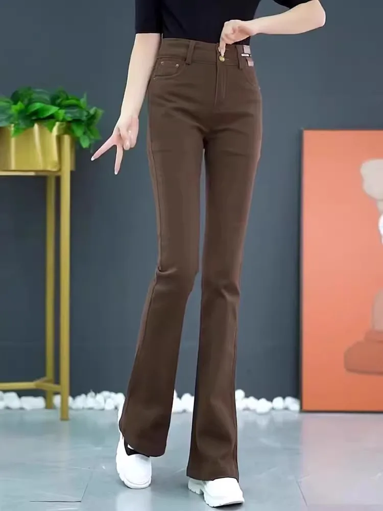 

High Waist Fce Lined Flared Jeans Women's Casual Sle Denim Pants Spring Autumn Wear Resistant Trendy Ladies Faion