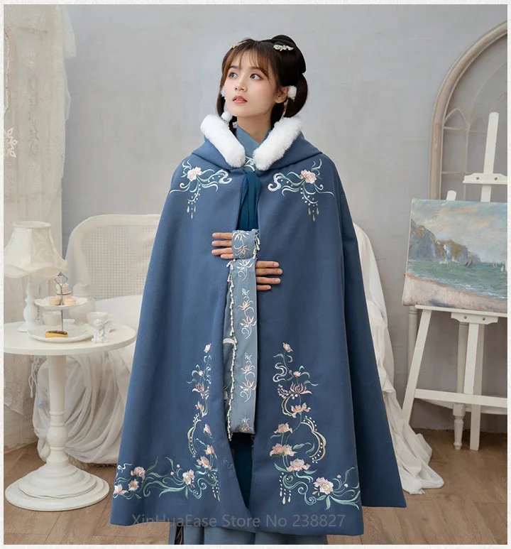 Capa de Hanfu de agua para mujer, abrigo cálido de espesor chino con capucha, ropa de Cosplay tradicional antigua, color rojo, Invierno