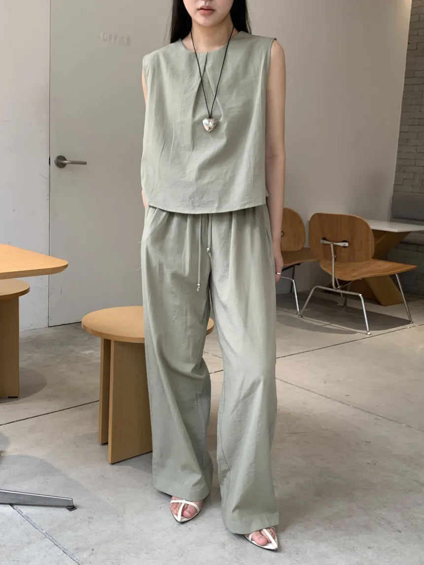 

2023 Korea Casual Two Piece Pant Sets Vintage Loose Sleeveless Top +Wide Leg Pants Trouser Suit Summer Solid Outfit Streetwear