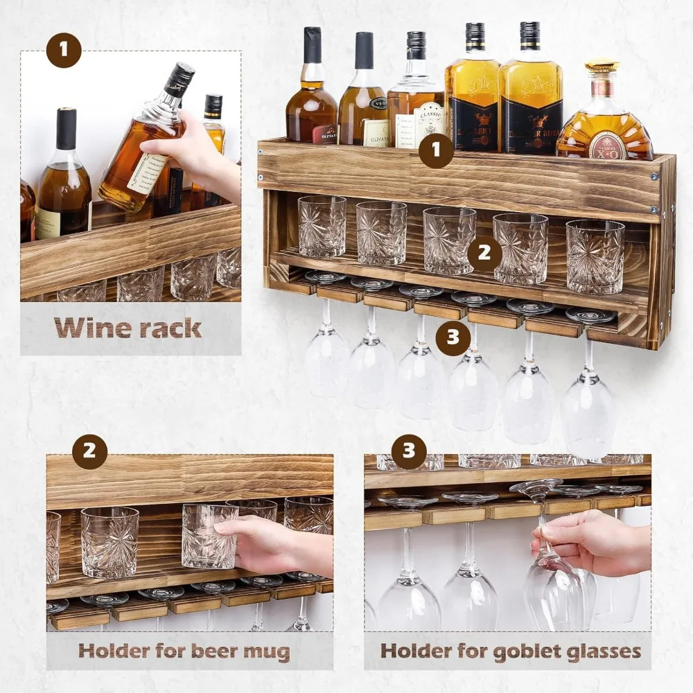 Wine Rack Wall Mounted Wood,Wine Shelf with Bottle Stemware Glass Holder Rustic, Wine Display Storage Rack