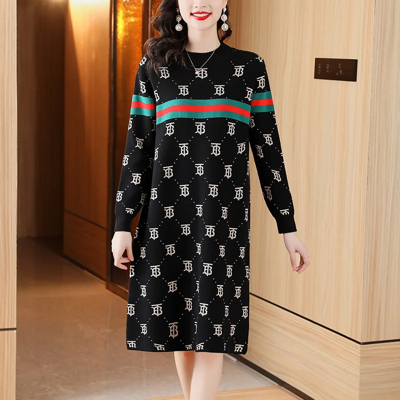 2023 Autumn Winter High Quality Temperament Knitted Dress Women's Striped Letter Jacquard Slim Wool Sweater Dresses