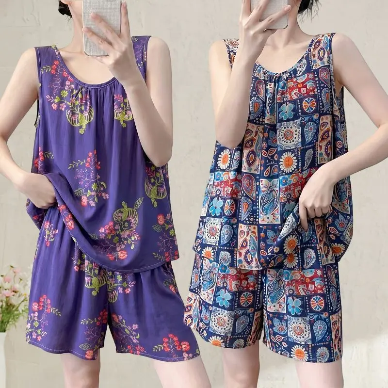 Summer Printed Women Pajamas Set for Women Tank Top + Shorts Cute Casual Set Home Clothes 2026 Thin Outside Homewear Sets