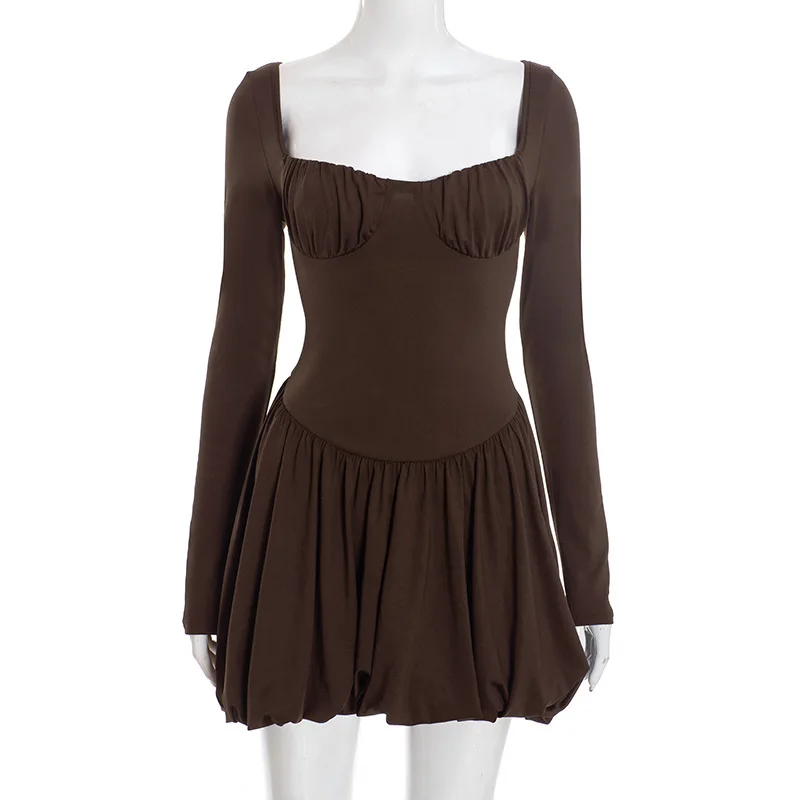 Apprabant レディース 長袖 パフィー ミニドレス バックレス ソリッドカラー スリム プリーツ バッド Aライン ショートドレス セクシー イブニング パーティーウェア