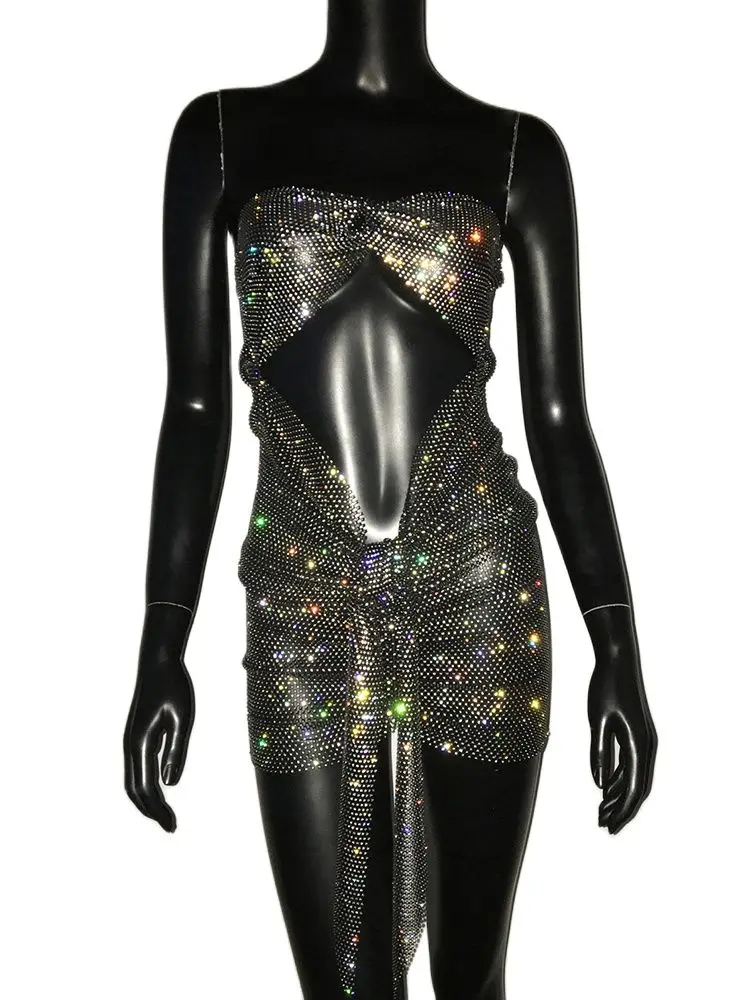 Shiny Rhinestone Backless Mini Dress For Women Sexy Hollow Out See Through Party Dress Rave Festival Nightclub Dress Cover Up