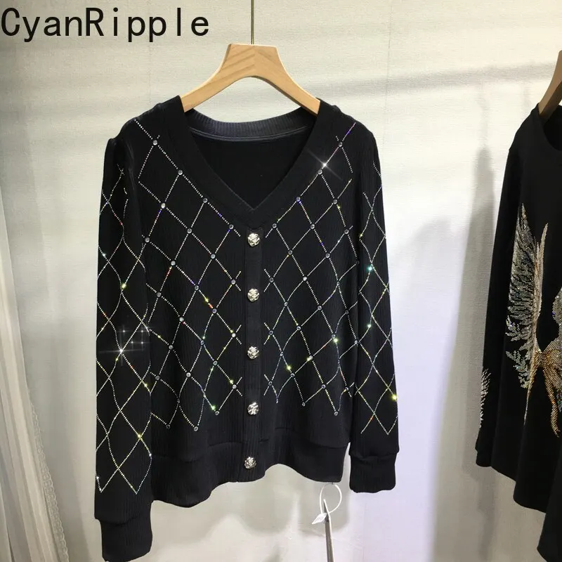 Thickened Brushed Autumn Winter Hot Diamonds Women Sweater All-match V-neck Pullover Top Large Size Long Sleeve Knitted Shirts