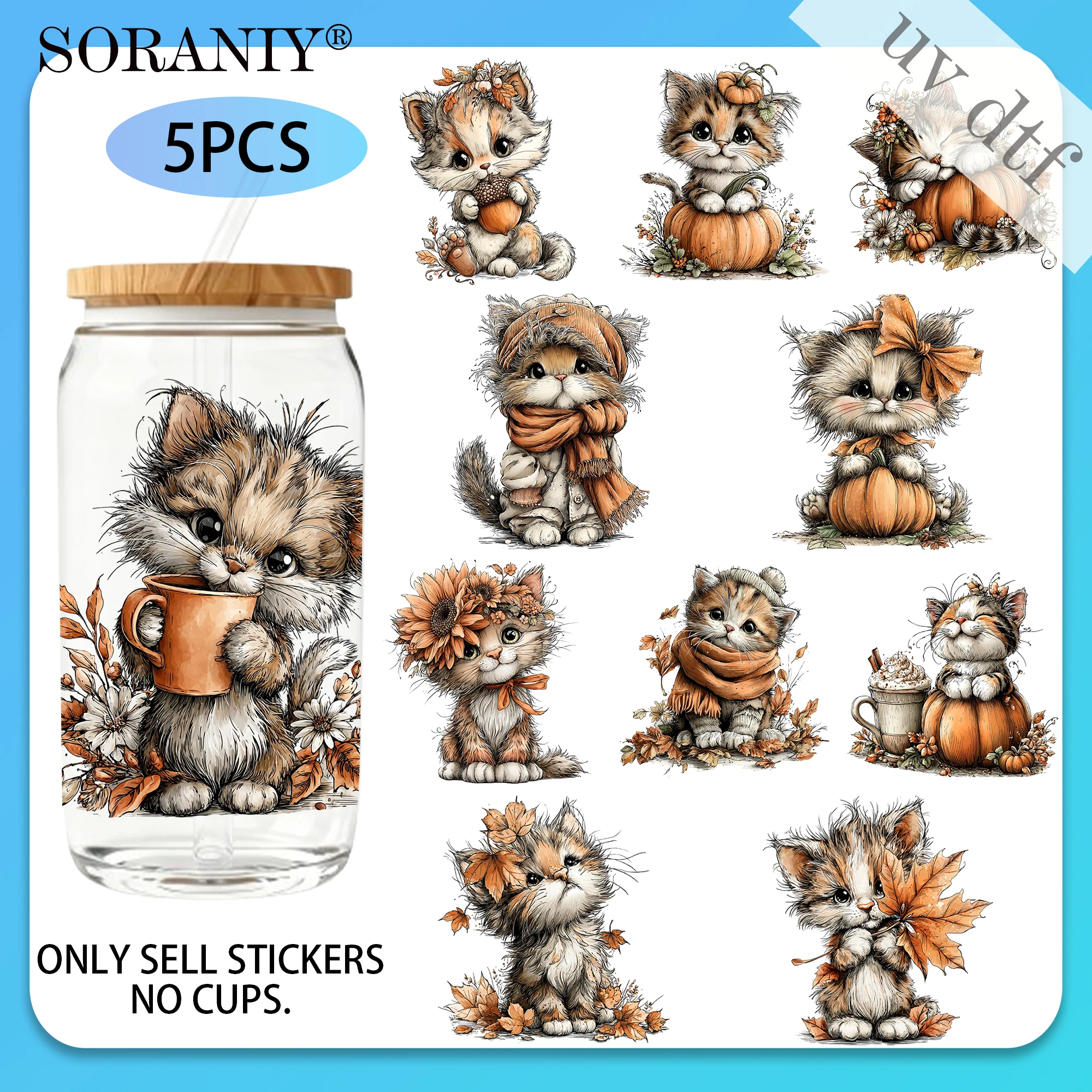 UV DTF 16OZ DIY Transferaufkleber - 5 Stück/Set Niedliches Herbst-Katzen-Camping-Lebens-Thema
