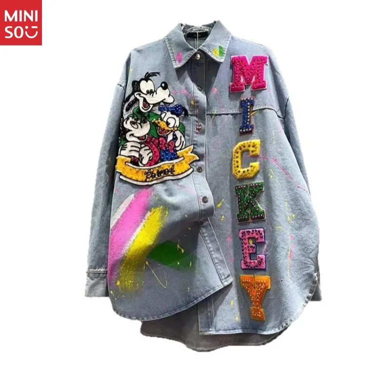 

Disney 2025 Autumn New Fashion Cartoon Embroidered Shirt Women's Medium and Long Loose Versatile Denim Jacket Tide