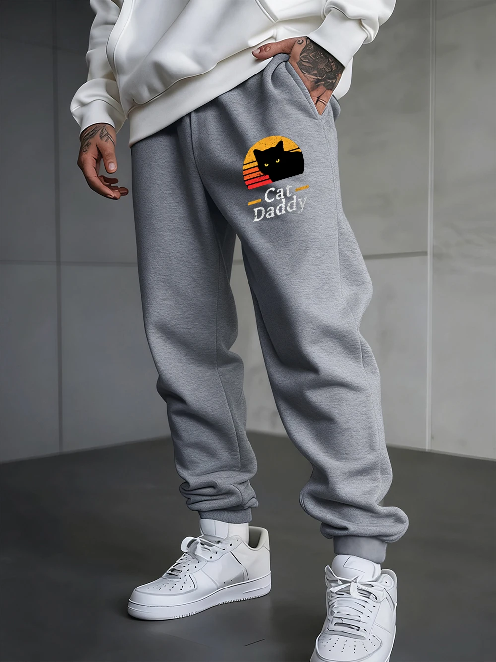 

Cat Daddy Cartoons Prints Sweatpants Men Basics Sporty Pants Elastic Waist Loose Pocket Trousers Casual Fleece Warm Male Clothes
