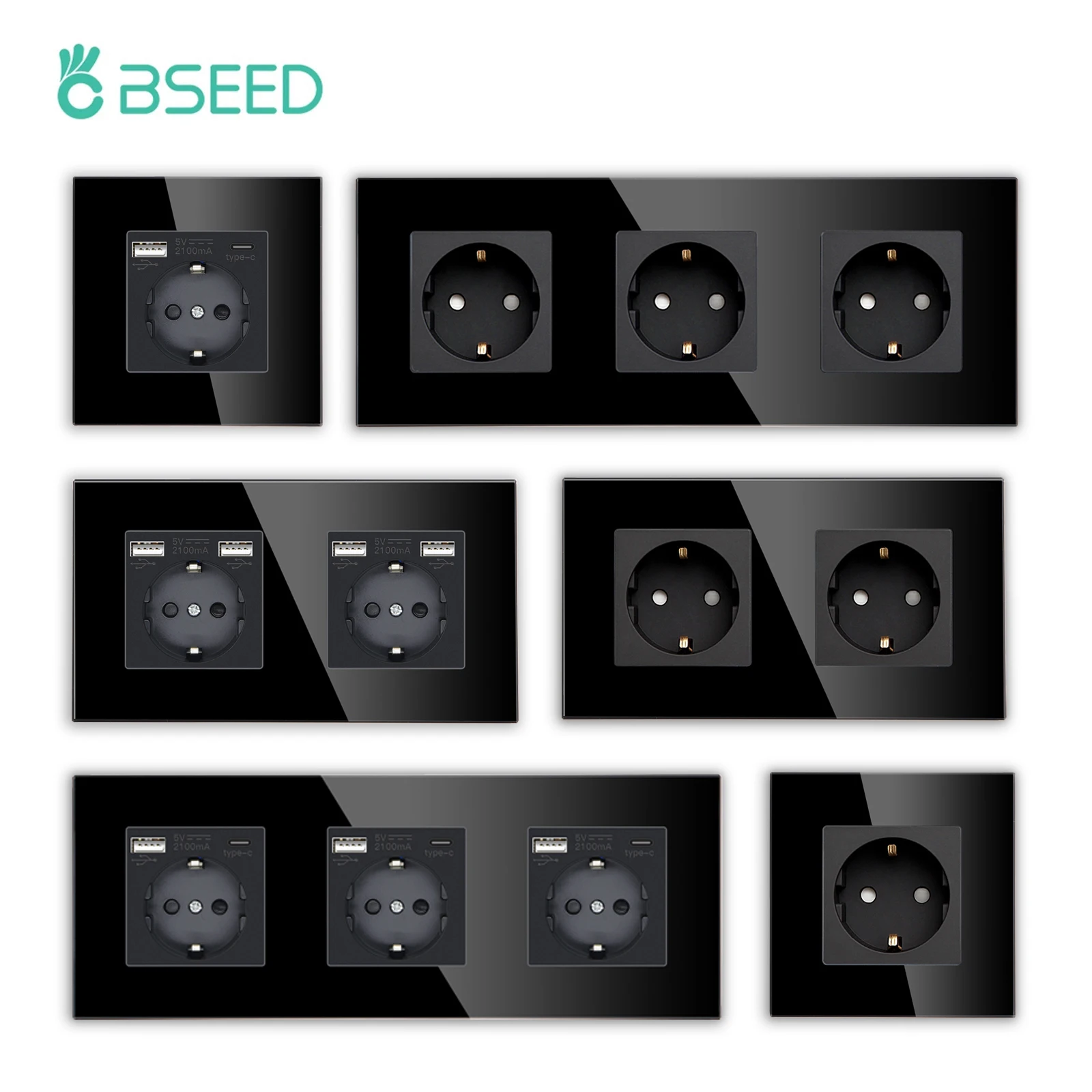 BSEED Single EU Glass Socket With USB Wall Sockets Double Electric Sockets Triple Power Outlets USB Type-C Ports Black 16A