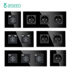 BSEED-enchufe de vidrio europeo individual con enchufes de pared USB, enchufes eléctricos dobles, tomas de corriente triples, puertos USB tipo C, negro, 16A