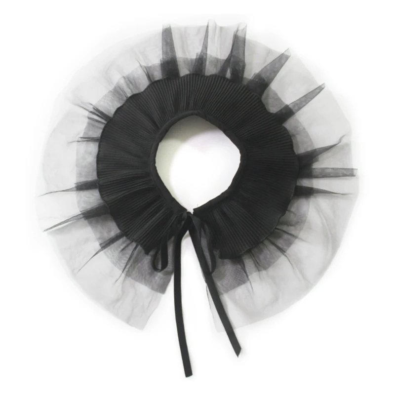 Womens Layered Ruffle Mesh Detachable False Collar Ribbed Knit Splicing Shawl Wrap Scarf Lace-Up Bowknot Capelet Shrugs